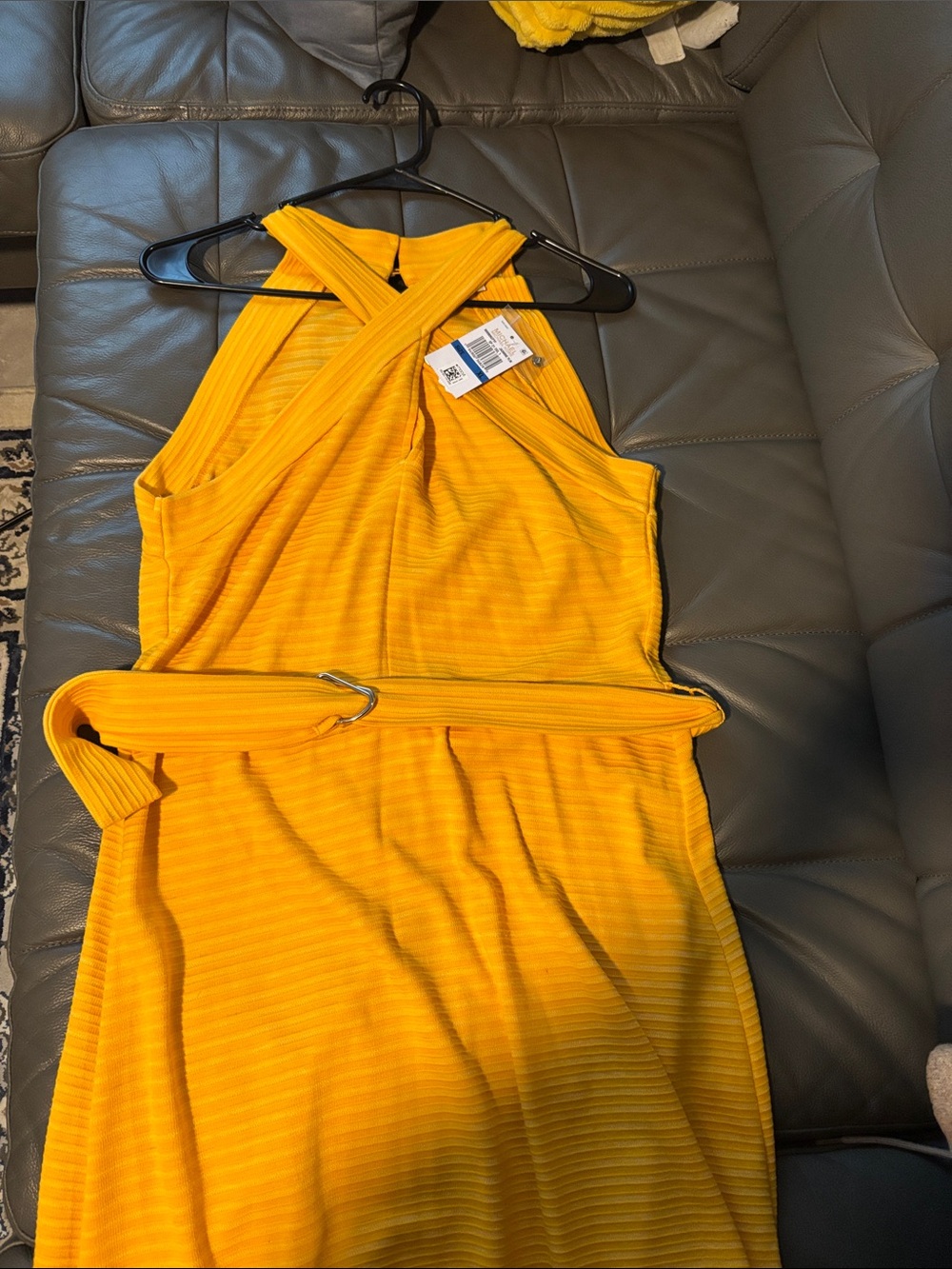 MICHAEL Michael Kors Yellow Ribbed Midi Dress with Belt